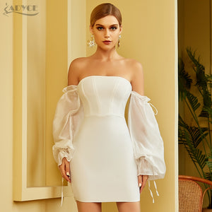 ADYCE White Off Shoulder Sexy Strapless & Long Sleeve Bandage Lace Party Dress - H8056