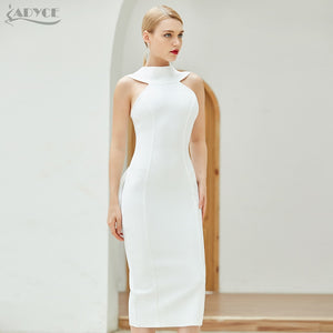 ADYCE Vestidos White Sexy Sleeveless Halter Bow Midi Bodycon Bandage Party Dress - H7865