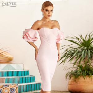 ADYCE Pink Off Shoulder Sexy Butterfly Short Sleeve Bodycon Bandage Party Dress - H8025