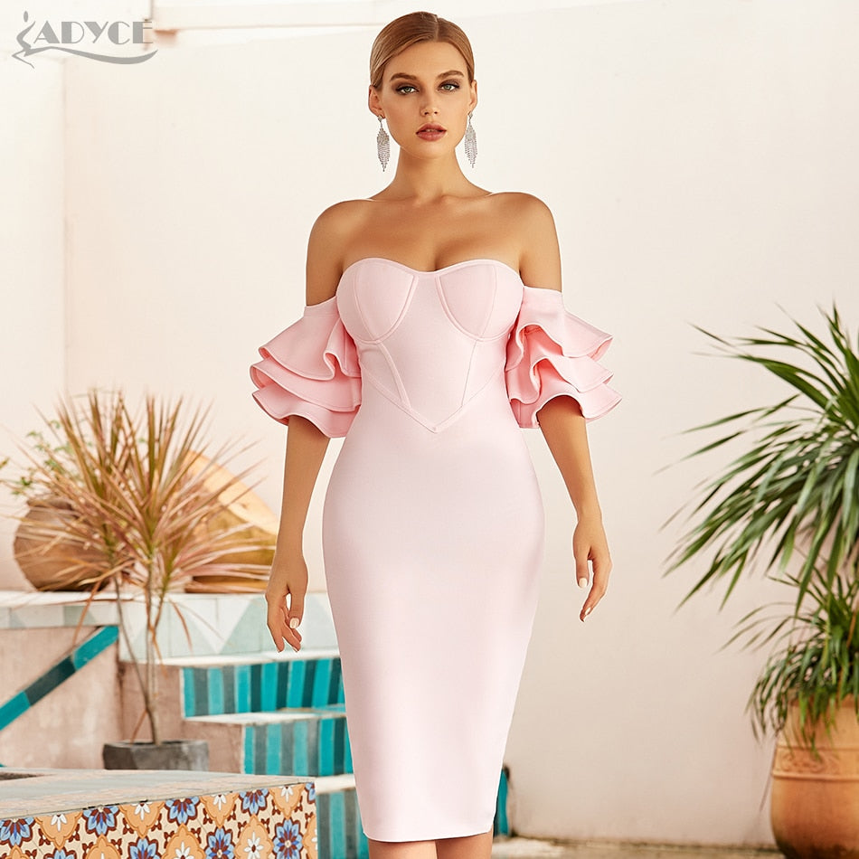 ADYCE Pink Off Shoulder Sexy Butterfly Short Sleeve Bodycon Bandage Party Dress - H8025