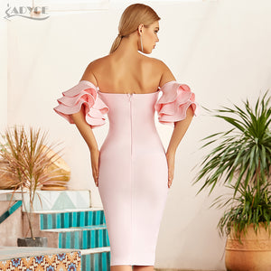 ADYCE Pink Off Shoulder Sexy Butterfly Short Sleeve Bodycon Bandage Party Dress - H8025