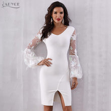 Women's Sexy Feather Long Sleeve V Neck Midi Lace Runway Bandage Party Dress