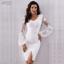 Women's Sexy Feather Long Sleeve V Neck Midi Lace Runway Bandage Party Dress