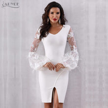 Women's Sexy Feather Long Sleeve V Neck Midi Lace Runway Bandage Party Dress