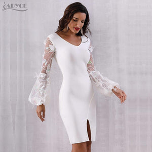 Women's Sexy Feather Long Sleeve V Neck Midi Lace Runway Bandage Party Dress