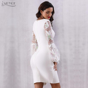 Women's Sexy Feather Long Sleeve V Neck Midi Lace Runway Bandage Party Dress