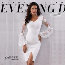 Women's Sexy Feather Long Sleeve V Neck Midi Lace Runway Bandage Party Dress