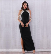 Women's Bandage Elegant Long Pearls Chain Bead Backless & Sleeveless Evening Maxi Party Dress