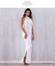 Women's Bandage Elegant Long Pearls Chain Bead Backless & Sleeveless Evening Maxi Party Dress