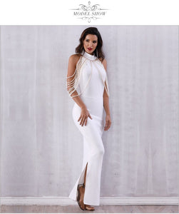 Women's Bandage Elegant Long Pearls Chain Bead Backless & Sleeveless Evening Maxi Party Dress