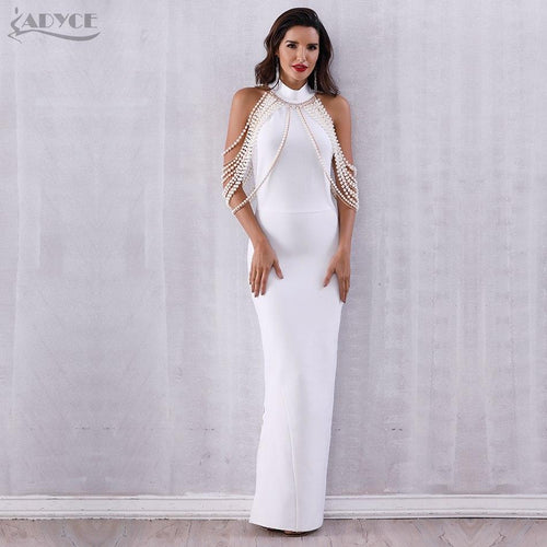 Women's Bandage Elegant Long Pearls Chain Bead Backless & Sleeveless Evening Maxi Party Dress