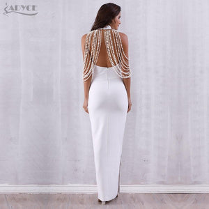 Women's Bandage Elegant Long Pearls Chain Bead Backless & Sleeveless Evening Maxi Party Dress