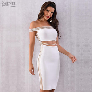 Women's Sexy Slash Neck Sequined Hollow Out Midi Off Shoulder Bandage Party Dress