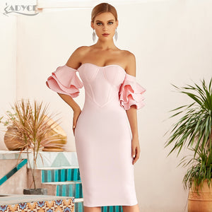 ADYCE Pink Off Shoulder Sexy Butterfly Short Sleeve Bodycon Bandage Party Dress - H8025