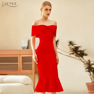 ADYCE Vestidos Sexy Red Off Shoulder Short Sleeve Mermaid Bodycon Bandage Party Dress - H8058