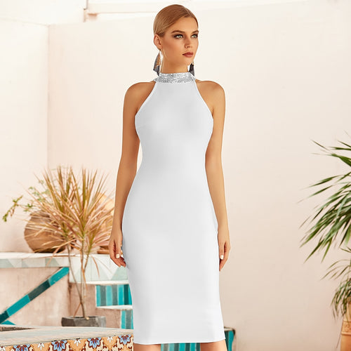 ADYCE White Sexy Hollow Out Sleeveless Hot Bandage Bodycon Backless Party Dress - MH8001